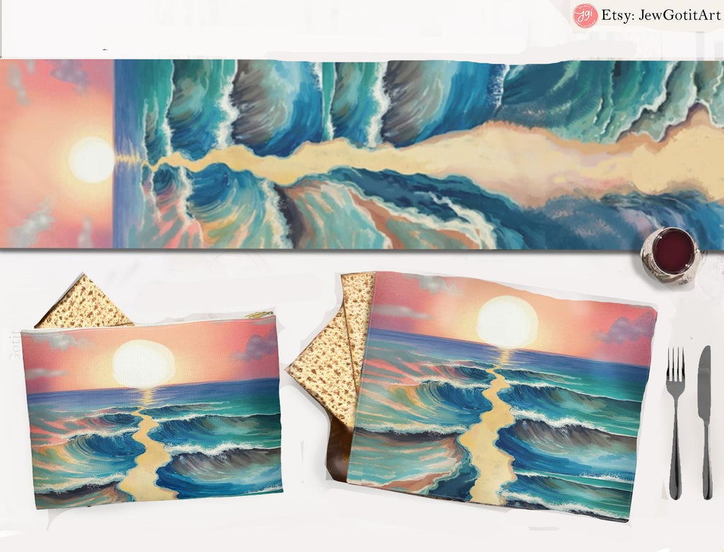 Passover Table Runner Splitting of the Sea Set & Afikomen Matzah Cover Set Israel Jewish Art Gift Pesach Table Decor Seder Table Red Sea Art