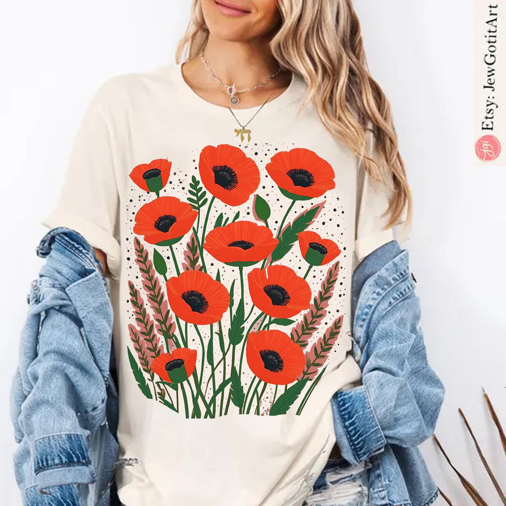 Kalanit Shirt Israel Red Poppy Flower Am Yisrael Chai T-Shirt Jewish Pride Hebrew Shirt Israel Gift Israel Art Flowers Israeli Flower Tee