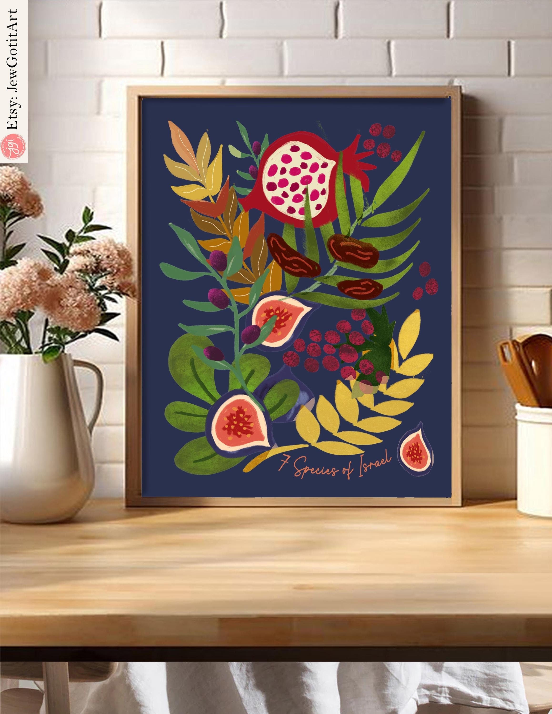 7 Species Israel Art Poster Matte Vertical Jewish Gift Israeli Artist Pomegranate Grapes Colorful Wall Decor for Rosh Hashanah Fruit Art