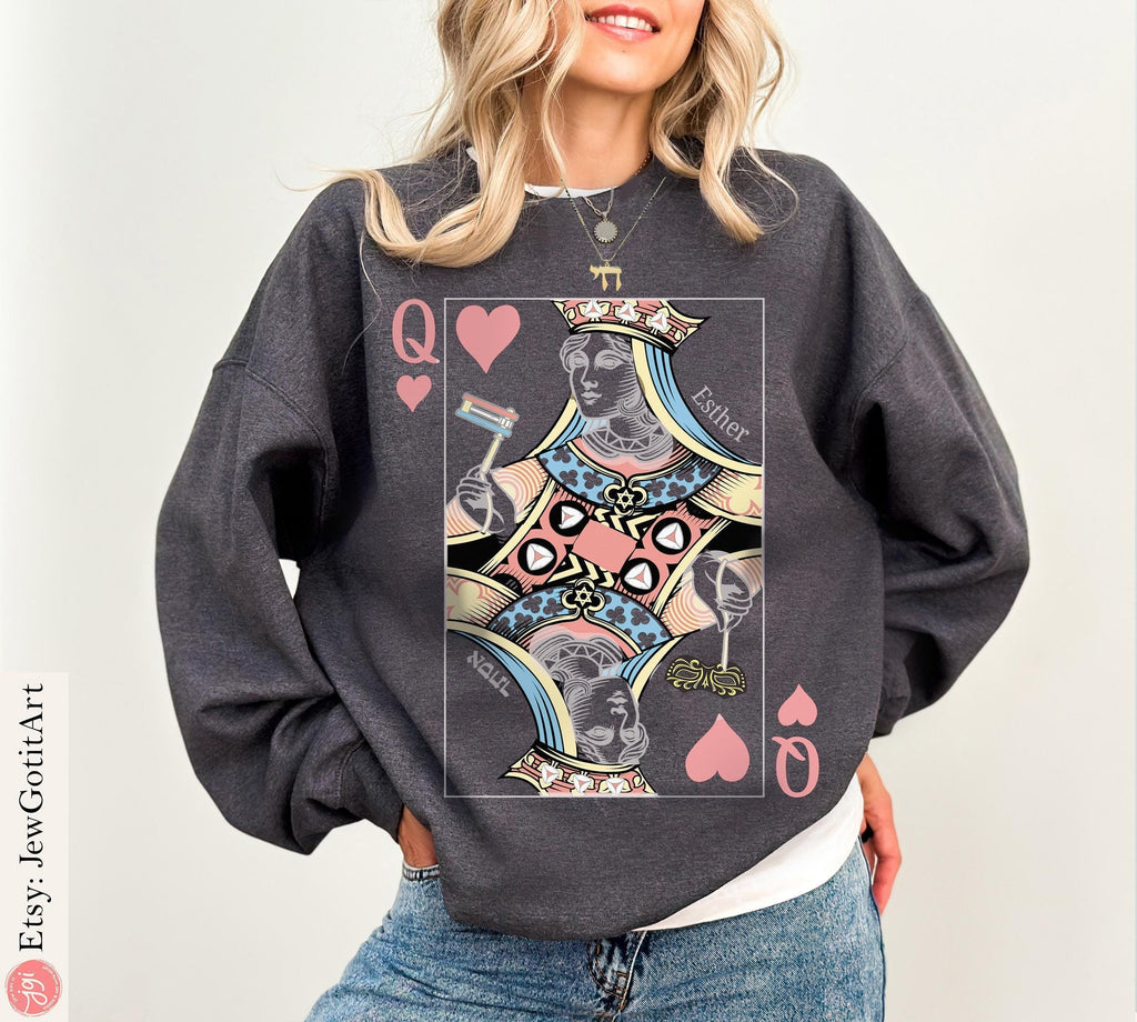 Queen Esther T-Shirt Purim Sweatshirt Unique Purim Costume by Israeli Artist Perfect Jewish Holiday Gift Am Yisrael Chai Queen Card Shirt