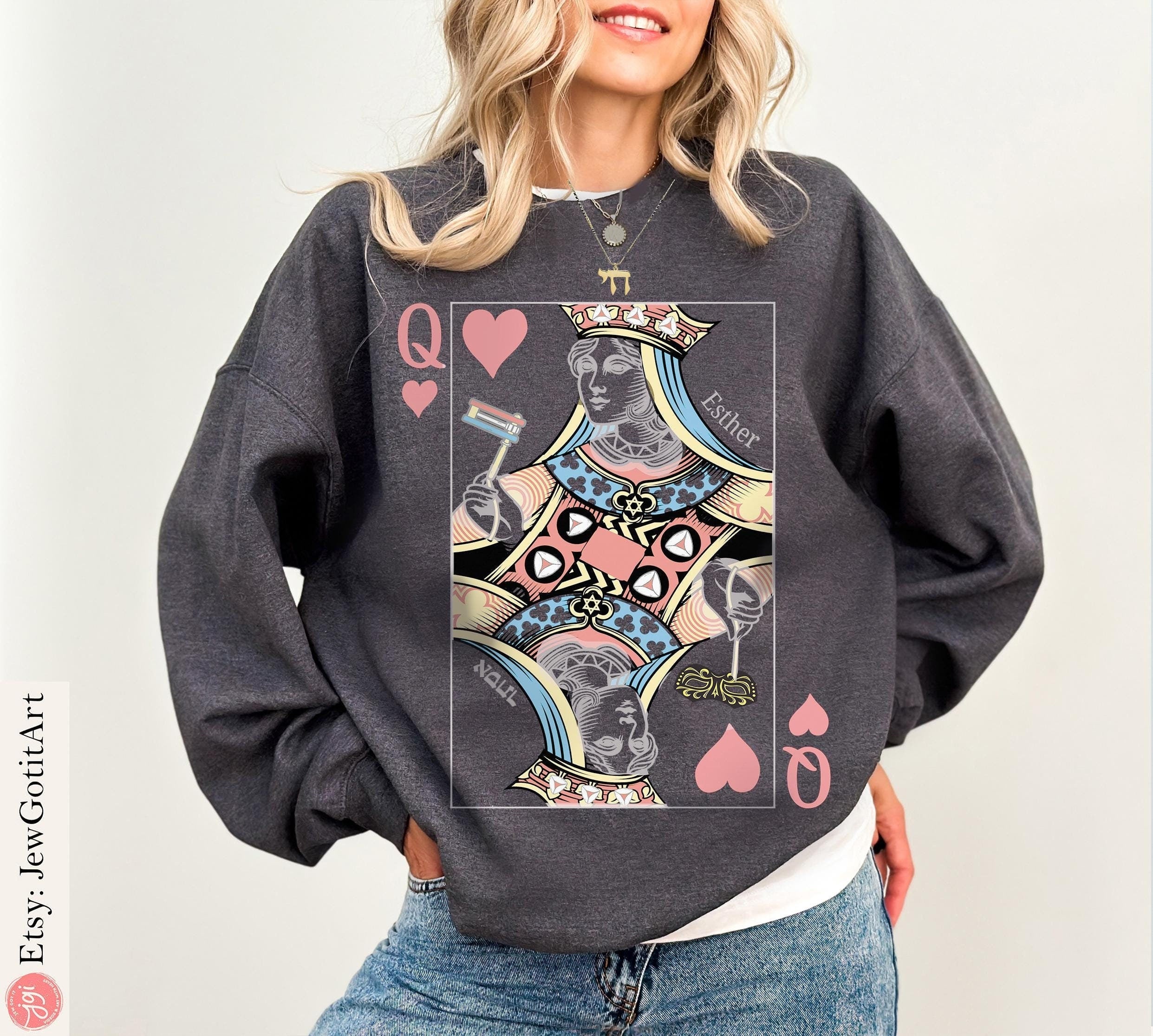 Queen Esther T-Shirt Purim Sweatshirt Unique Purim Costume by Israeli Artist Perfect Jewish Holiday Gift Am Yisrael Chai Queen Card Shirt
