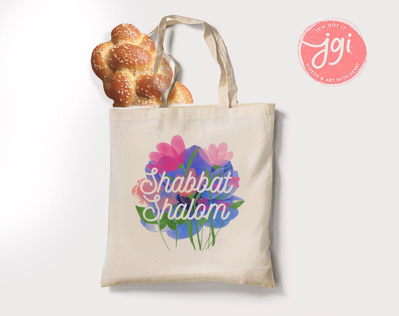 Shabbat Shalom Tote Bag Hand drawn | Hebrew Jewish gift | Art bag, graphic flower bag, woman gift shopping everyday bag, shabbos shabbat bag