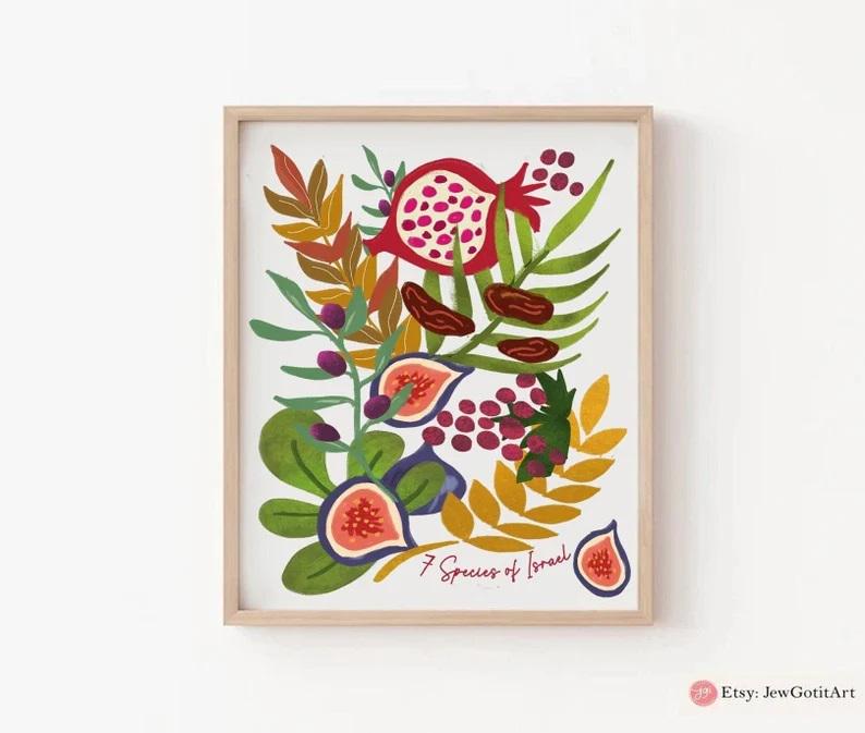 Set of 4 Israel Cloth Napkins, Produce of Israel 7 species Israel fruit Kitchen decor home jewish gift Shabbat Art Gift for her Napkins