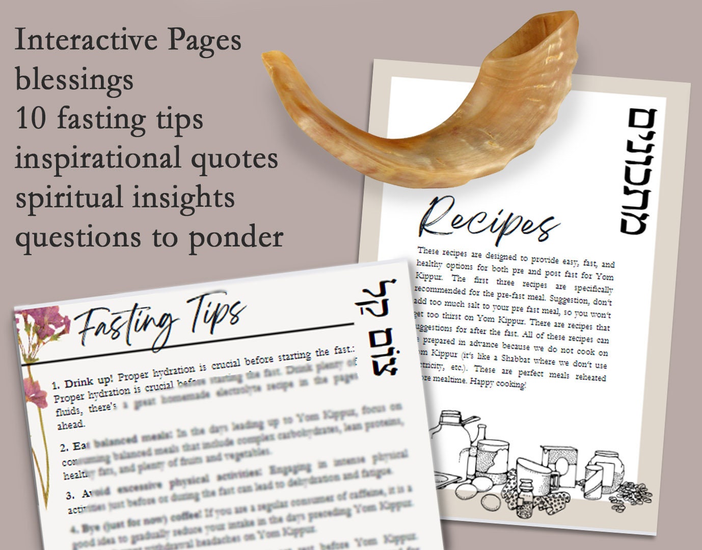 Printable Yom Kippur Cookbook pre post fast recipes,  Spiritual Prep Download, blessings, Ebook, shana tova, gift, Digital, jewish holiday