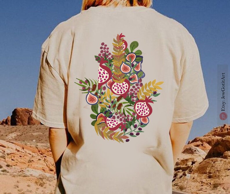 Hamsa Israel Fruits & Produce of Israel 7 species Israel fruit shirt woman shirt jewish gifts Israeli Artist Gift for her shirt Jewish Art