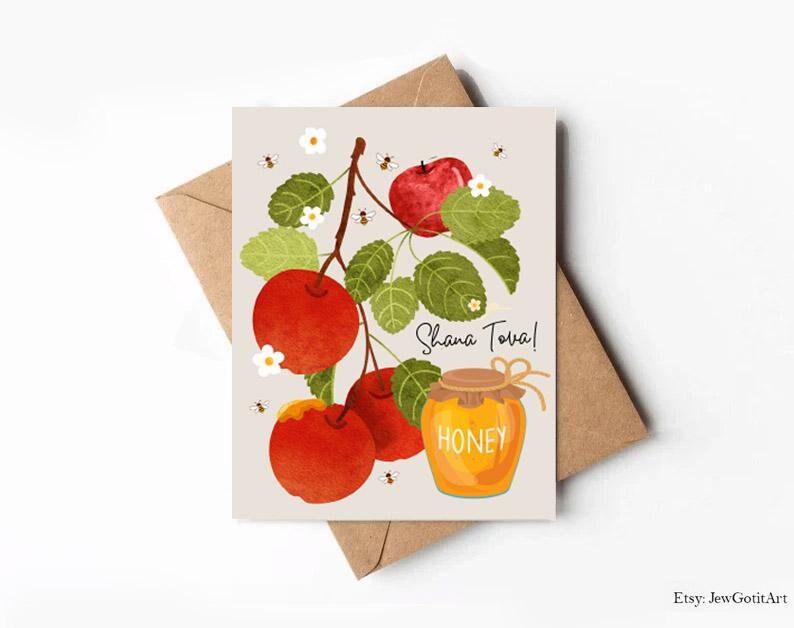 Shana Tova Greeting Cards Rosh Hashanah Apple Honey Art Israeli Artist Am Yisrael Chai Rosh Hashana Apple Art Jewish New Year gift Gifts