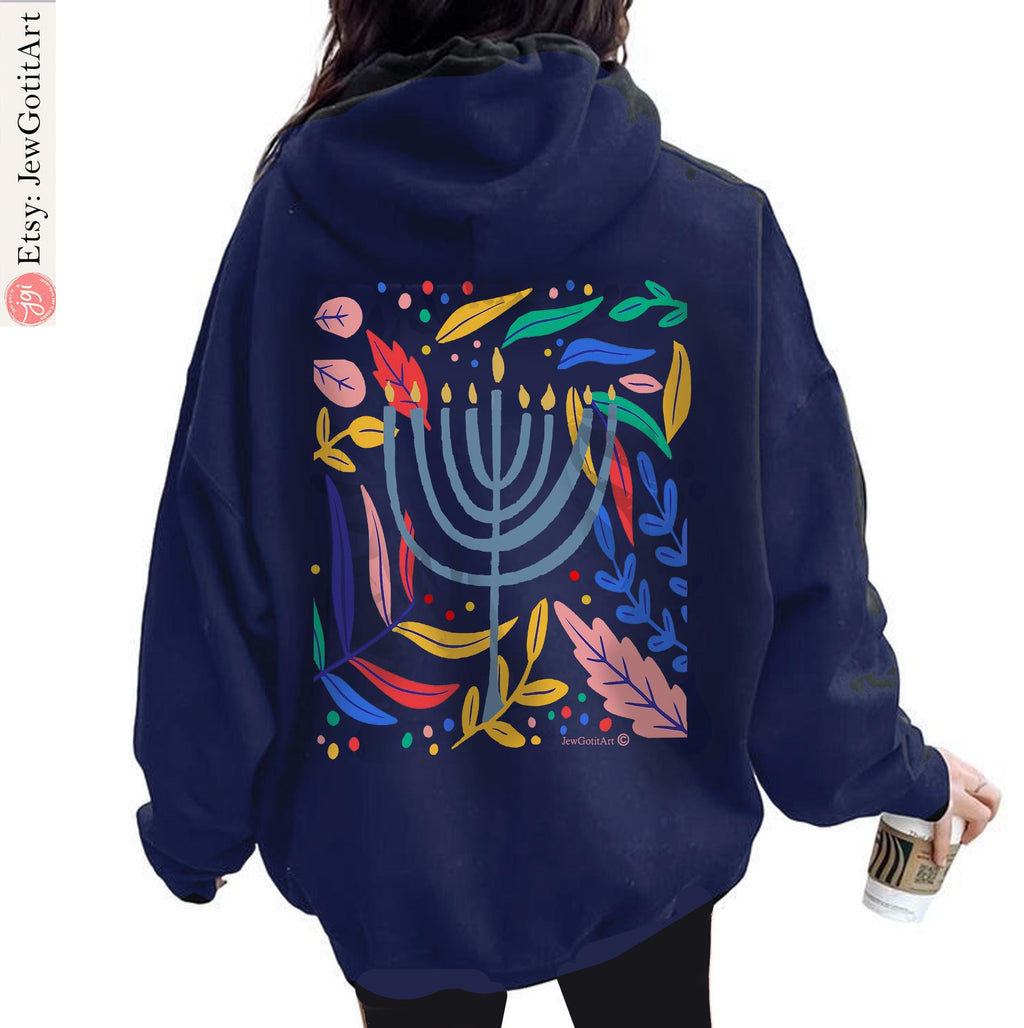 Hanukkah Flower Menorah Hoodie Sweatshirt Unisex Hanukkah Gifts, Am Yisrael Chai Jewish gift Israel art woman shirt kid flower shirt