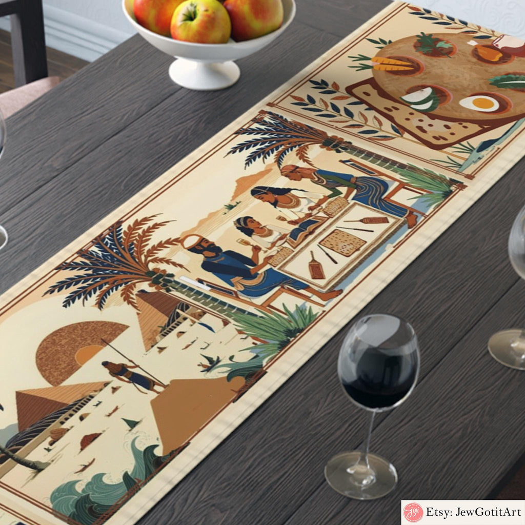 Passover Story Towel Table Runner Egyptian Hieroglyphs Matzah Cover Afikomen Set Seder Table Decor with Ancient Egyptian Art Pesach Gifts
