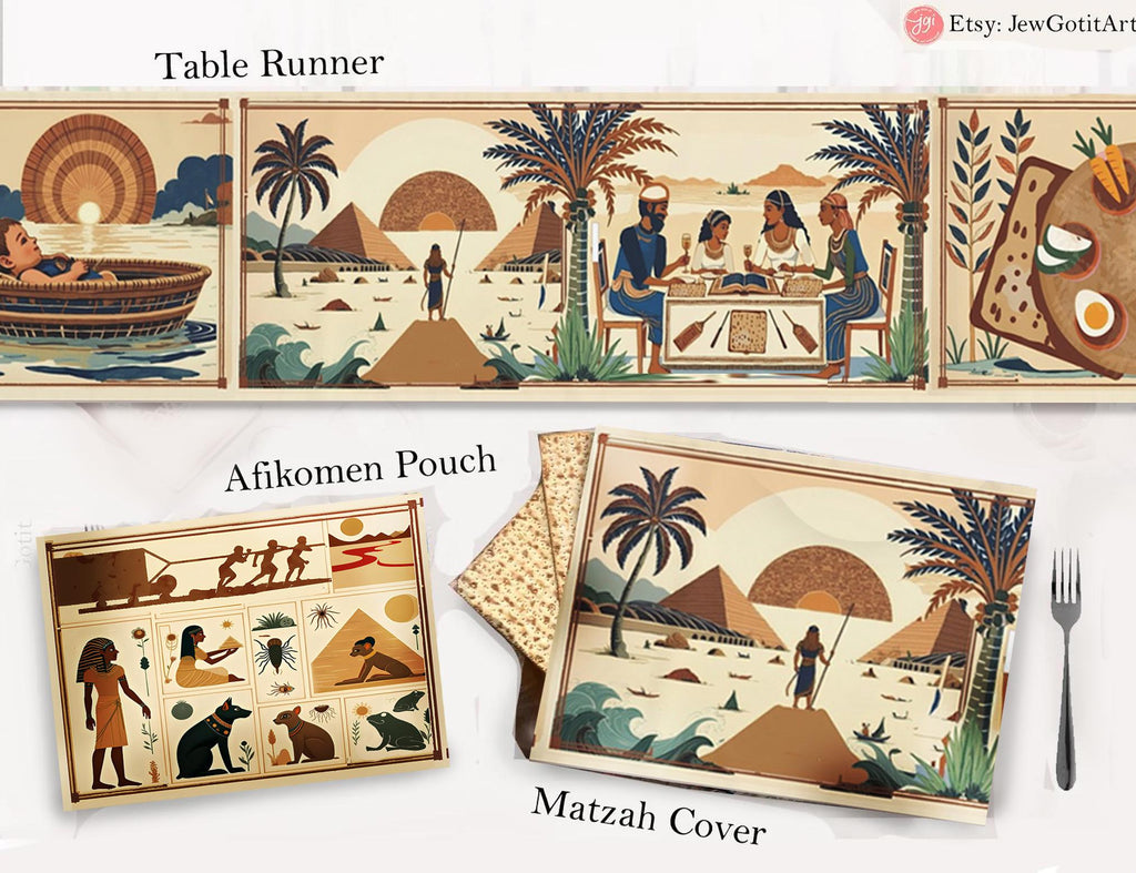 Passover Story Table Runner Egyptian Hieroglyphs Matzah Cover Afikomen Set Seder Table Decor with Ancient Egyptian Art Pesach Gifts Jewish