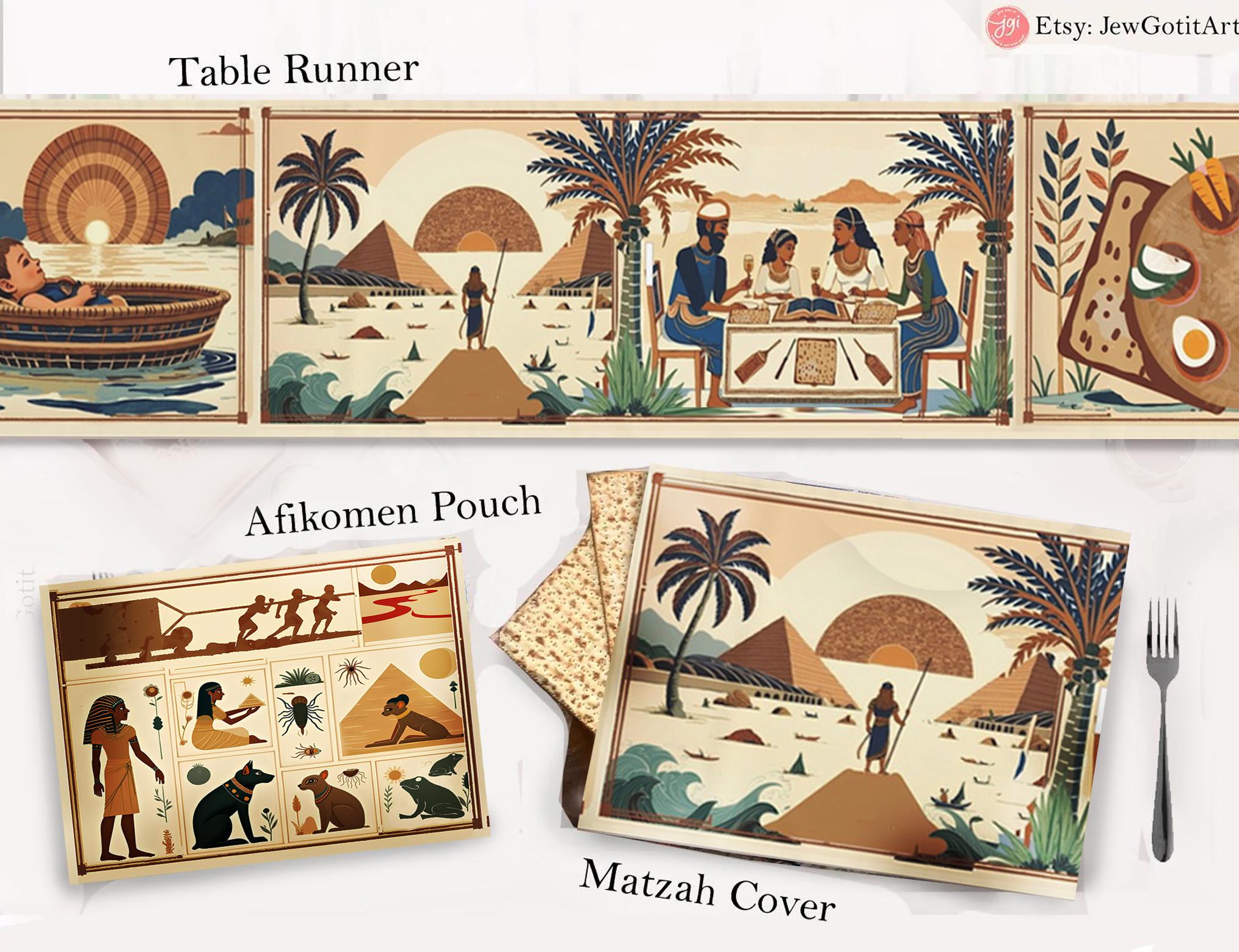 Passover Story Table Runner Egyptian Hieroglyphs Matzah Cover Afikomen Set Seder Table Decor with Ancient Egyptian Art Pesach Gifts Jewish
