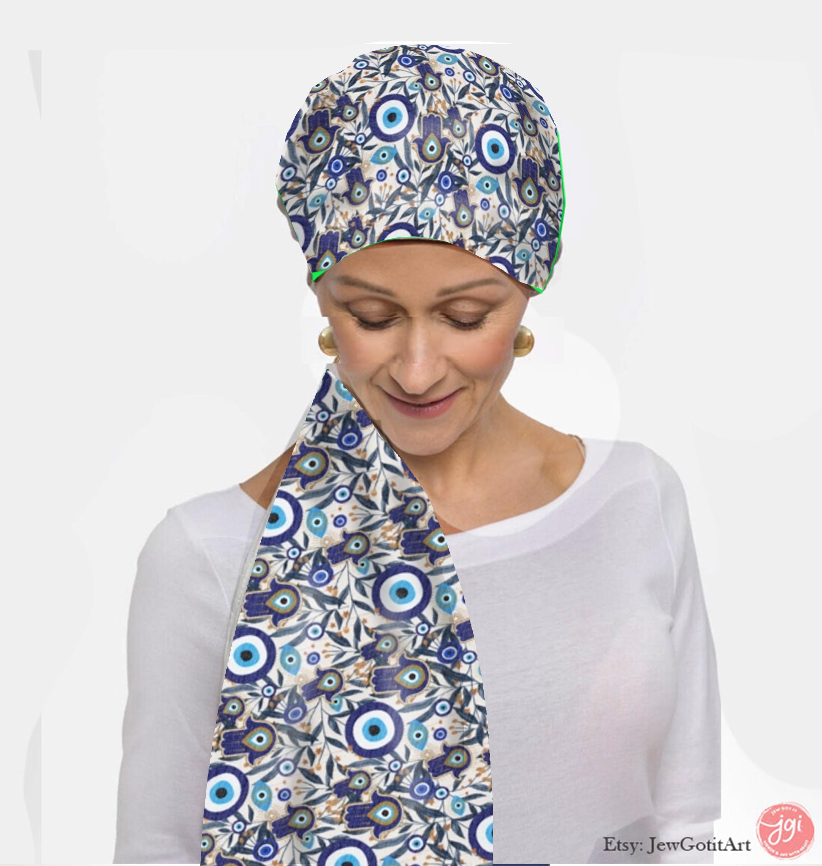Evil Eye Hamsa Scarf Light Headwrap Pattern Fabric Hair Covering Jewish Women’s Accessories Israeli Artist Design Am Yisrael Chai Eyes Art