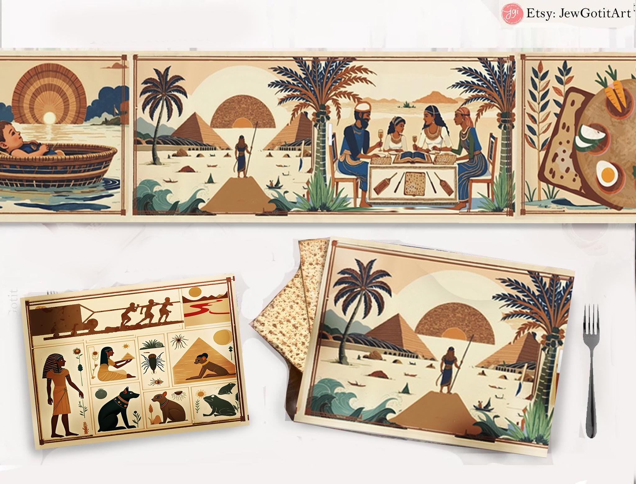 Passover Story Table Runner Egyptian Hieroglyphs Matzah Cover Afikomen Set Seder Table Decor with Ancient Egyptian Art Pesach Gifts Jewish