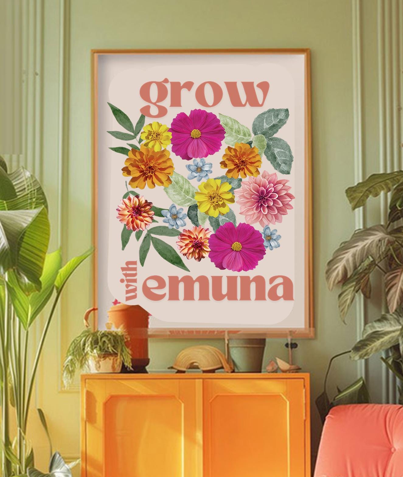 Grow with Emuna Art Print Poster | Flower Wall Art Poster | Hand Drawn Flowers | Israeli Jewish Gift | Israeli Artist | Flowers Art Print