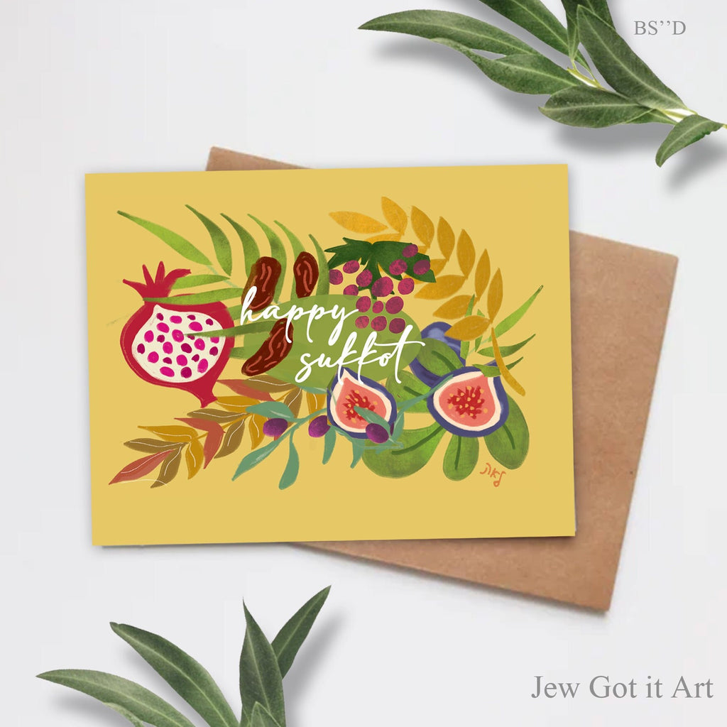 Happy Sukkot Card – 7 Species Fruits of Israel, Feast of Tabernacles, Hand-Drawn Jewish Holiday Greeting, Sukkah Graphic Art Jewish Cards