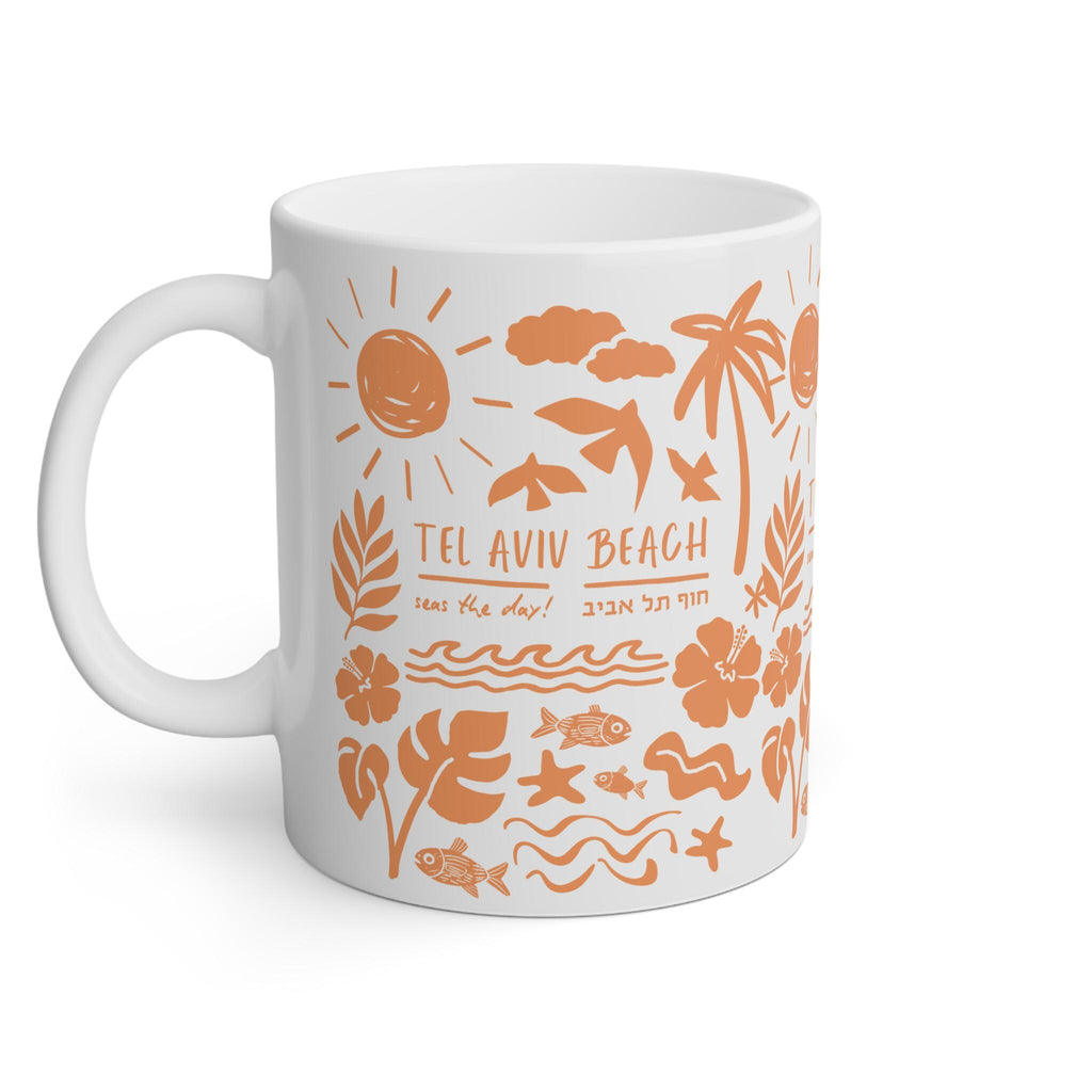 Tel Aviv Beach Tote Bag & Mug 11oz 15oz Floral Art Jewish Gift Palmtree Art by Israeli Artist Ceramic Coffee Mugs Am Yisrael Chai Beach Art