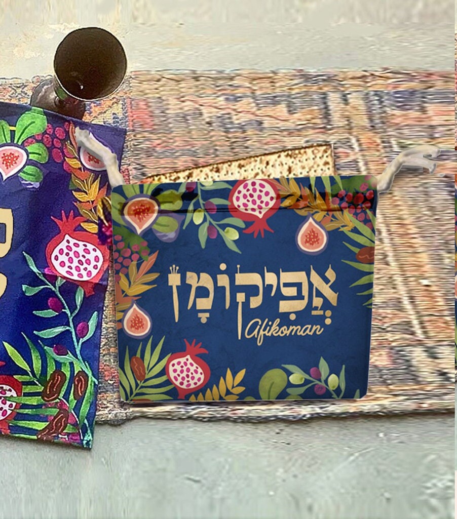 Matzah Set Cover, Afikomen Bag for Pesach Passover 7 Species of Art Israeli Jewish Holiday Decor by Israeli Artist Theme Seder Plate Matza