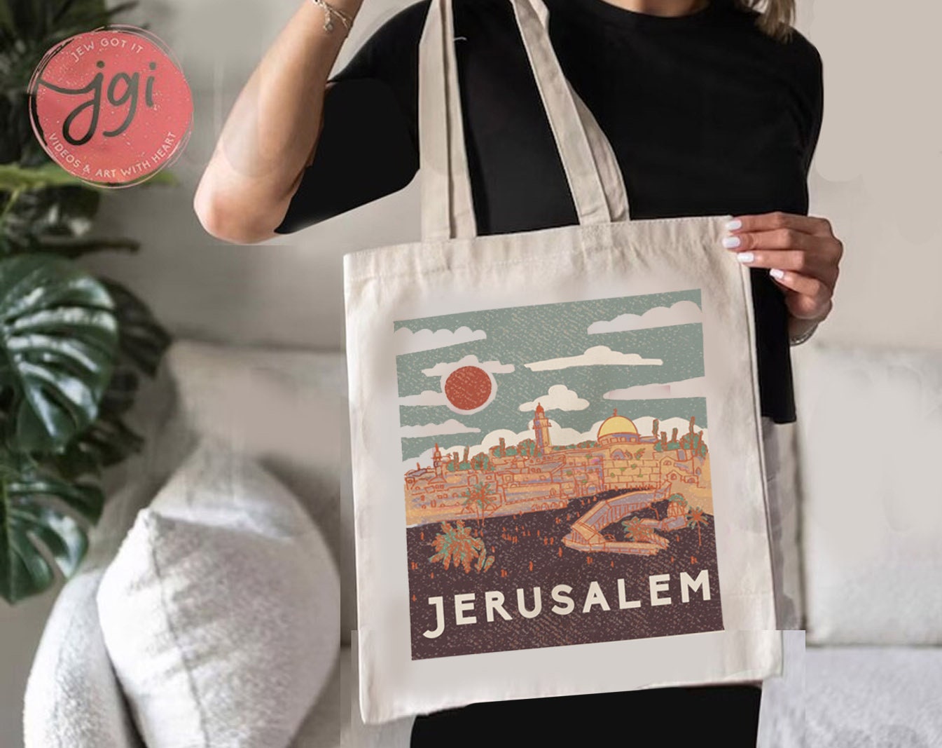 Jerusalem Vintage Tote Bag Hand drawn | Hebrew Jewish gift | Art bag, graphic bag, woman gift shopping everyday bag, shabbos, shabbat