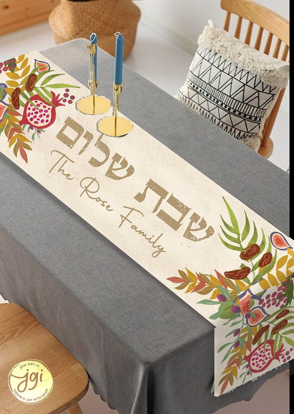 Personalized Shabbat Shalom Table Runner, Jewish gift, shabbos, Israel, 7 species of Israel, fruits flowers