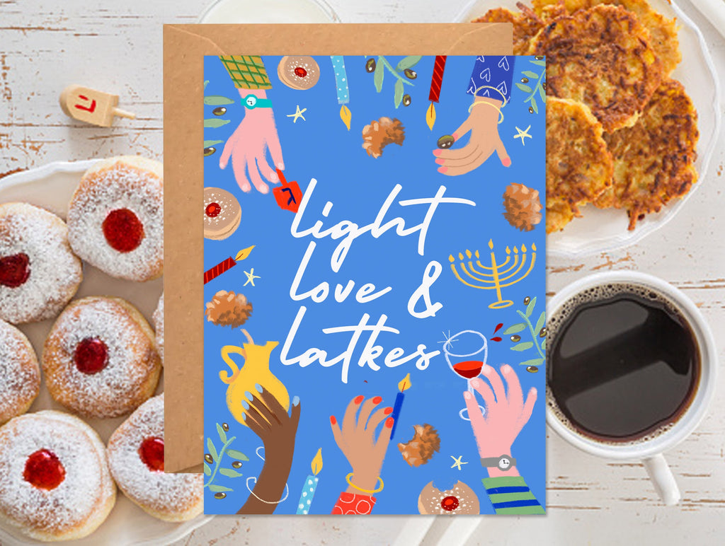 Hanukkah Holiday Cards Set Happy Hanukkah Card, Love Light Latkes Chanukah Card Latke Holiday Card Set, Funny fun colorful Hanukkah Card Set