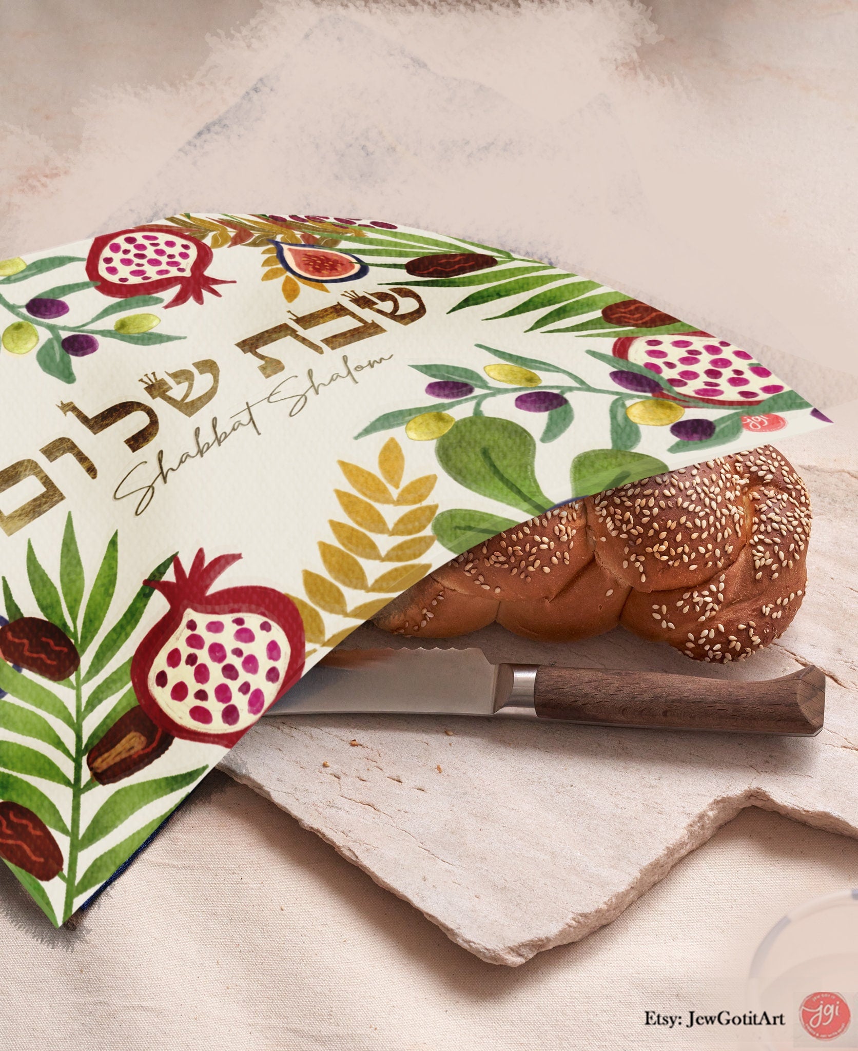 Challah Cover 7 Species of Israel Art hand drawn Jewish Holiday Art Israeli Artist Table Decor Bread covering Kiddush Shabbat Shalom Shabbos