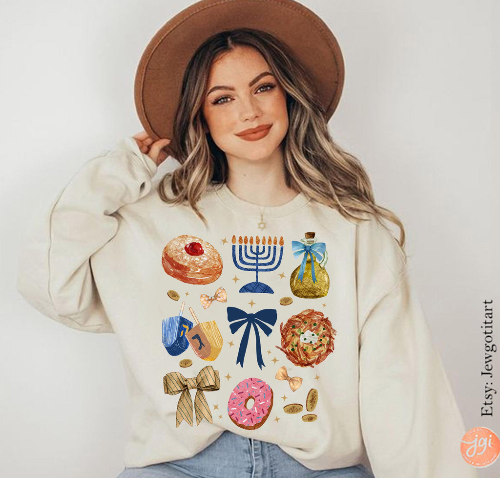 Menorah Hanukkah Hoodie Unisex Jewish Gift - Coquette Bows Sweatshirt T-Shirt by Israeli Artist - Chanukah חנוכה Latke Hooded Sweatshirt