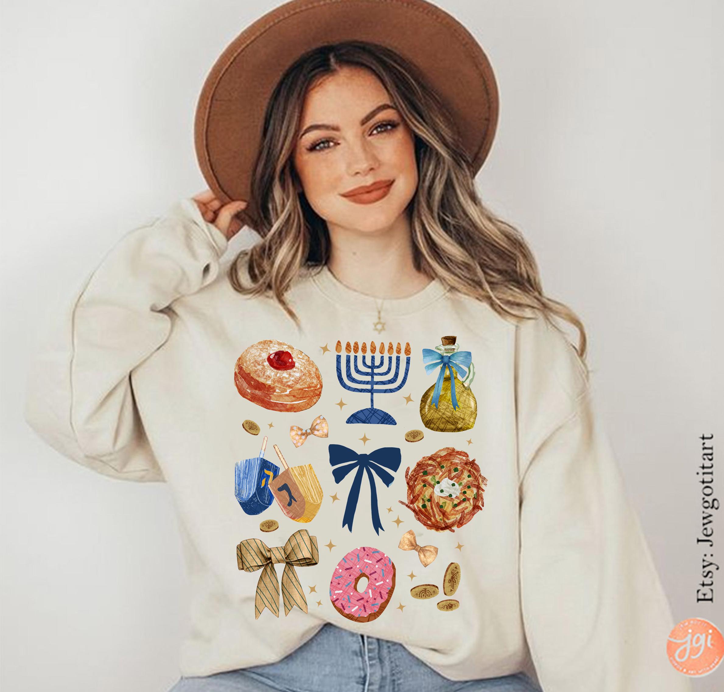 Menorah Hanukkah Hoodie Unisex Jewish Gift - Coquette Bows Sweatshirt T-Shirt by Israeli Artist - Chanukah חנוכה Latke Hooded Sweatshirt