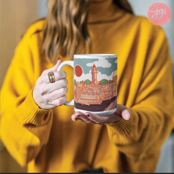 Jerusalem Mug Israel art drawing, tea cup, coffee cup, Ceramic Mug 11oz 15oz work mug, morning mug Jewish gift, coffee mug, Jerusalem, gift