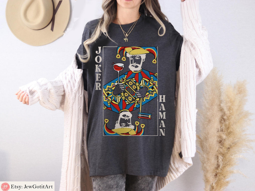 Haman Joker Queen Esther T-Shirt Purim Sweatshirt Unique Purim Costume Israeli Artist Jewish Gift Am Yisrael Chai Queen of Hearts Card Shirt