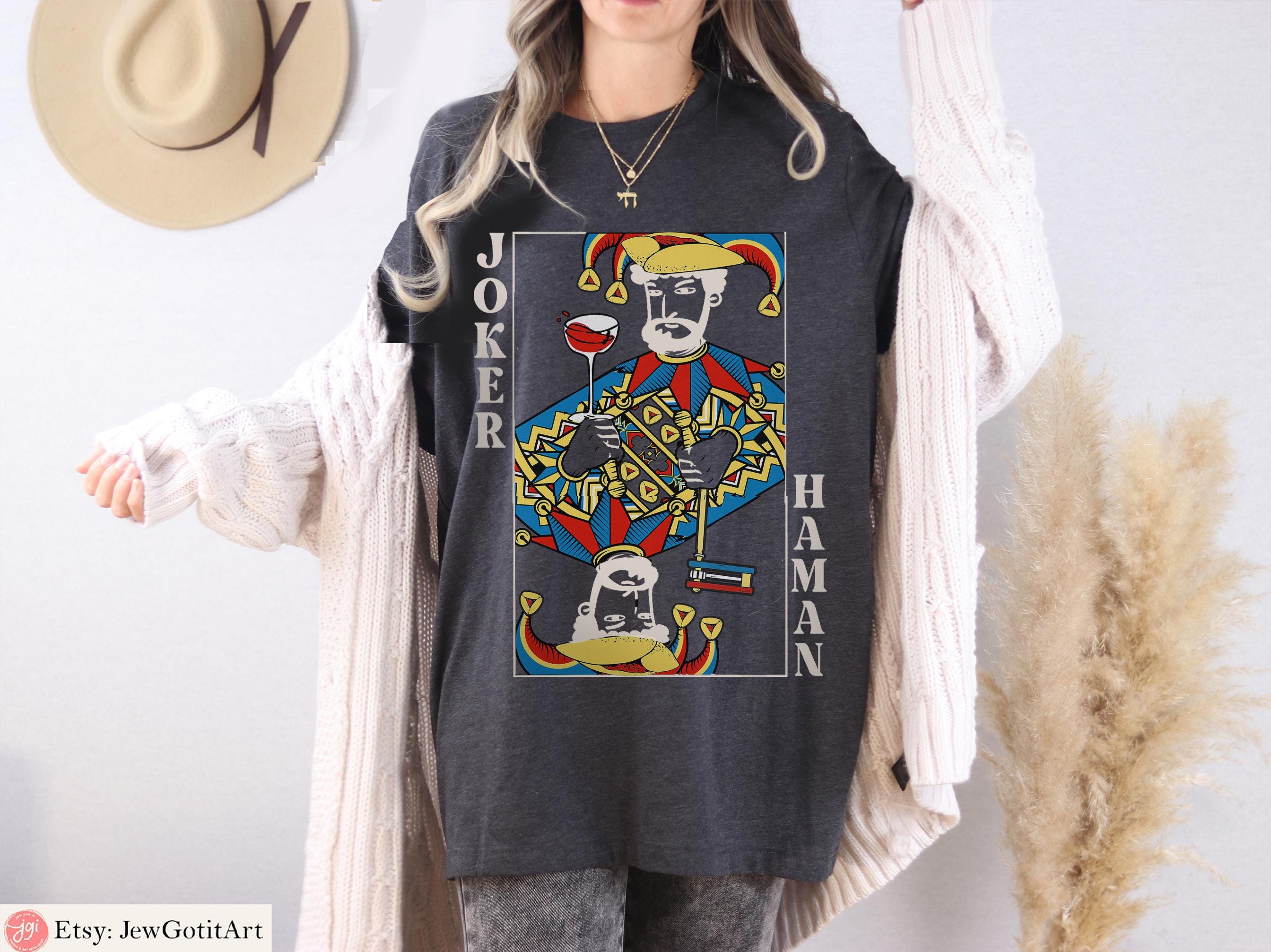 Haman Joker Queen Esther T-Shirt Purim Sweatshirt Unique Purim Costume Israeli Artist Jewish Gift Am Yisrael Chai Queen of Hearts Card Shirt