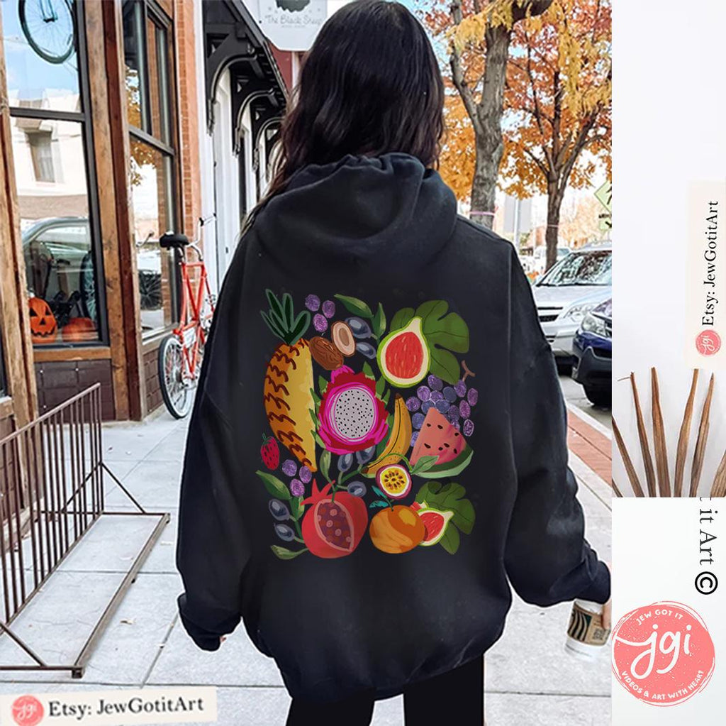 Israel Fruits Unisex Sweatshirt | Shuk Market Jerusalem Pomegranate Art Jewish Gifts & Hanukkah Gifts | Israeli Artist Fruit Art Fruits Art