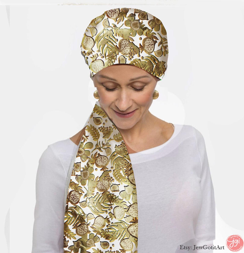 Gold Israel Fruits Scarf Light Headwrap Pattern Fabric Hair Covering Jewish Women’s Accessories Rosh Hashanah 7 Species Israel Art Israeli
