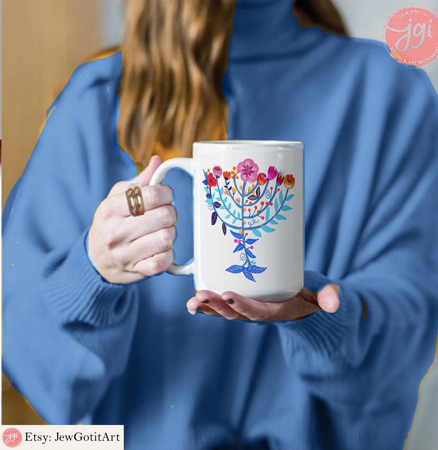 Menorah Hanukkah Tote Bag 15 oz Mug Floral Jewish Art Israeli Artist Am Yisrael Chai Gift Flowers Jewish gift Coffee Jewish Holiday Gifts