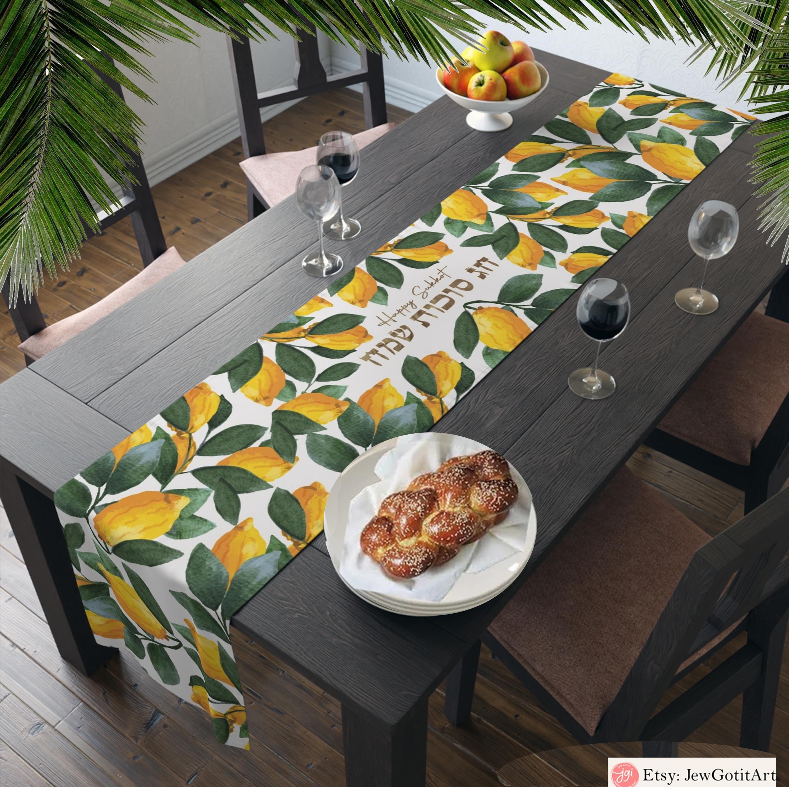 Sukkot Table Runner, Rosh Hashanah Jewish gifts Jewish holiday Israel 7 species Lulav Etrog jewish art table decor, custom personalized gift