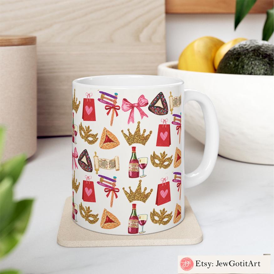 Purim Tote Bag & Mishloach Manot Mug 11oz 15oz Hamantaschen Art Jewish Gift by Israeli Artist - Ceramic Coffee Mugs Am Yisrael Chai Wine Art