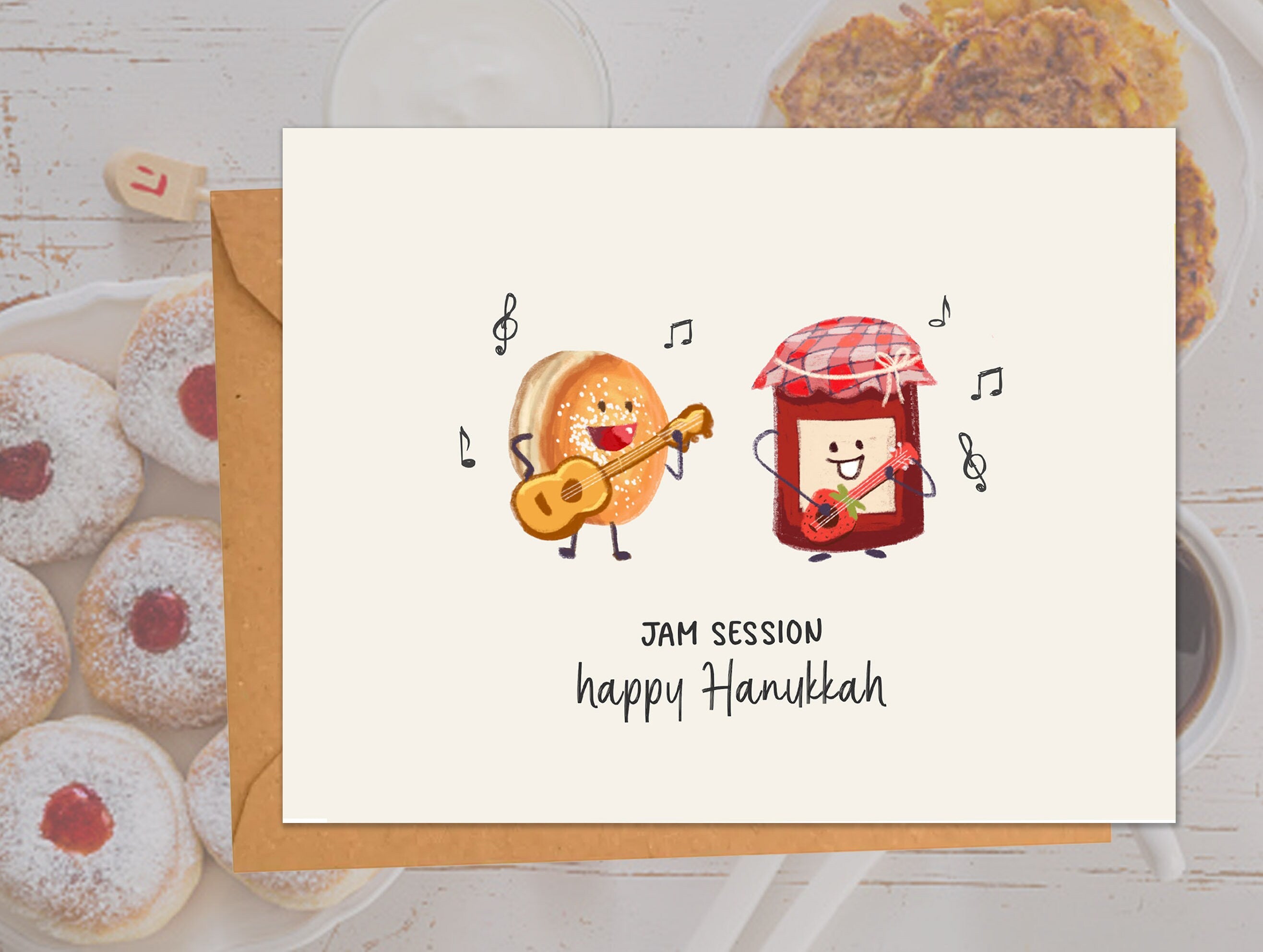 Funny Hanukkah Cards Holiday Jelly Donut Jam Session Punny Happy Hanukkah Cards donut, Chanukah Card donuts Greeting Card Set Jewish Holiday