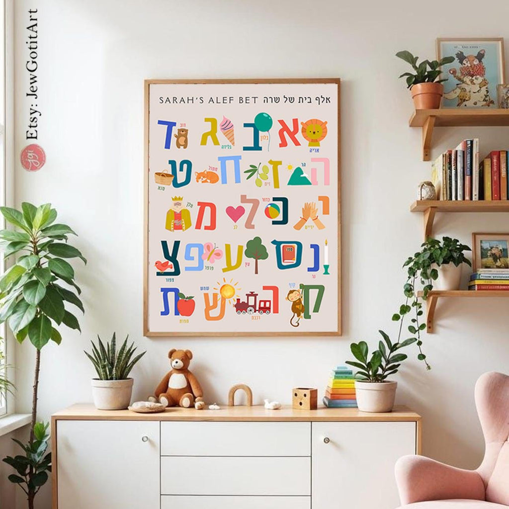 Alef Bet Hebrew Wall Art Jewish Alphabet Poster Am Yisrael Chai Print Israel Art Kids Room or School Decor Judicia Personalized Jewish Gift