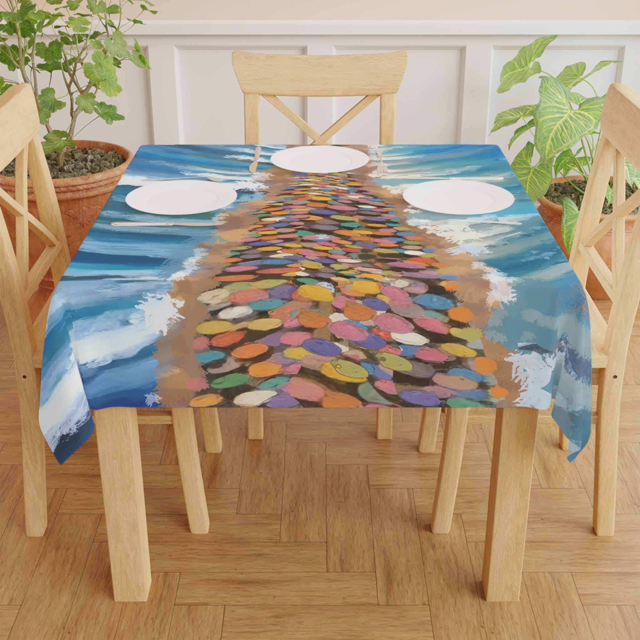 Passover Splitting of the Sea Tablecloth Indoor/Outdoor Cotton Israeli Artist Home Decor Shabbat Table Setting Unique Passover Decoration