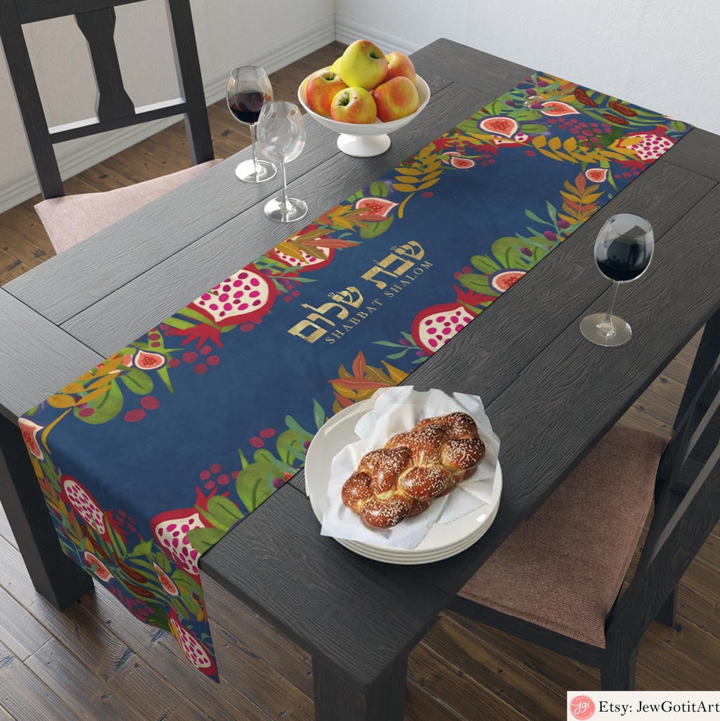 Personalized Shabbat Table Runner Challah Cover Shabbat Shalom 7 Species Israel Jewish Art Israel Gift Customized Table Decor Jewish gifts