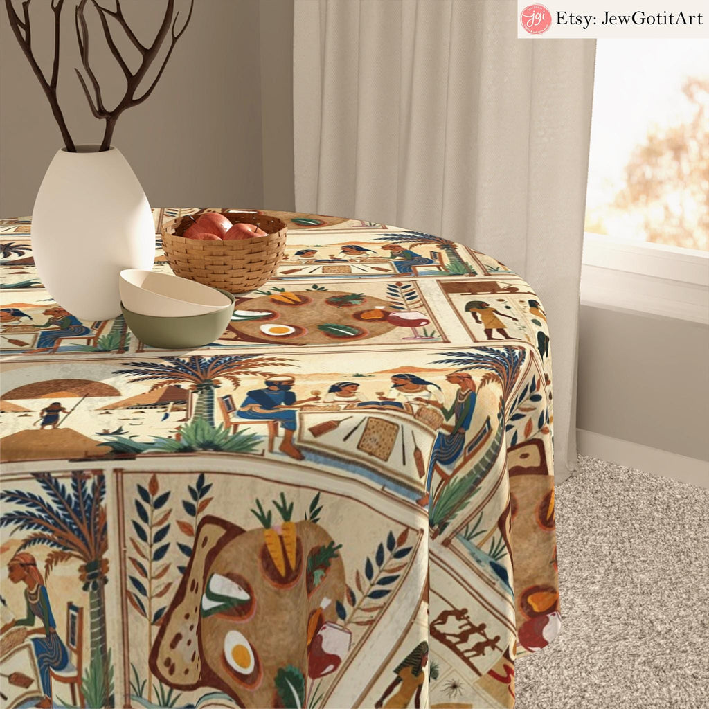 Passover Story Table Runner Egyptian Hieroglyphs Matzah Cover Afikomen Set Seder Table Decor with Ancient Egyptian Art Pesach Gifts Towel