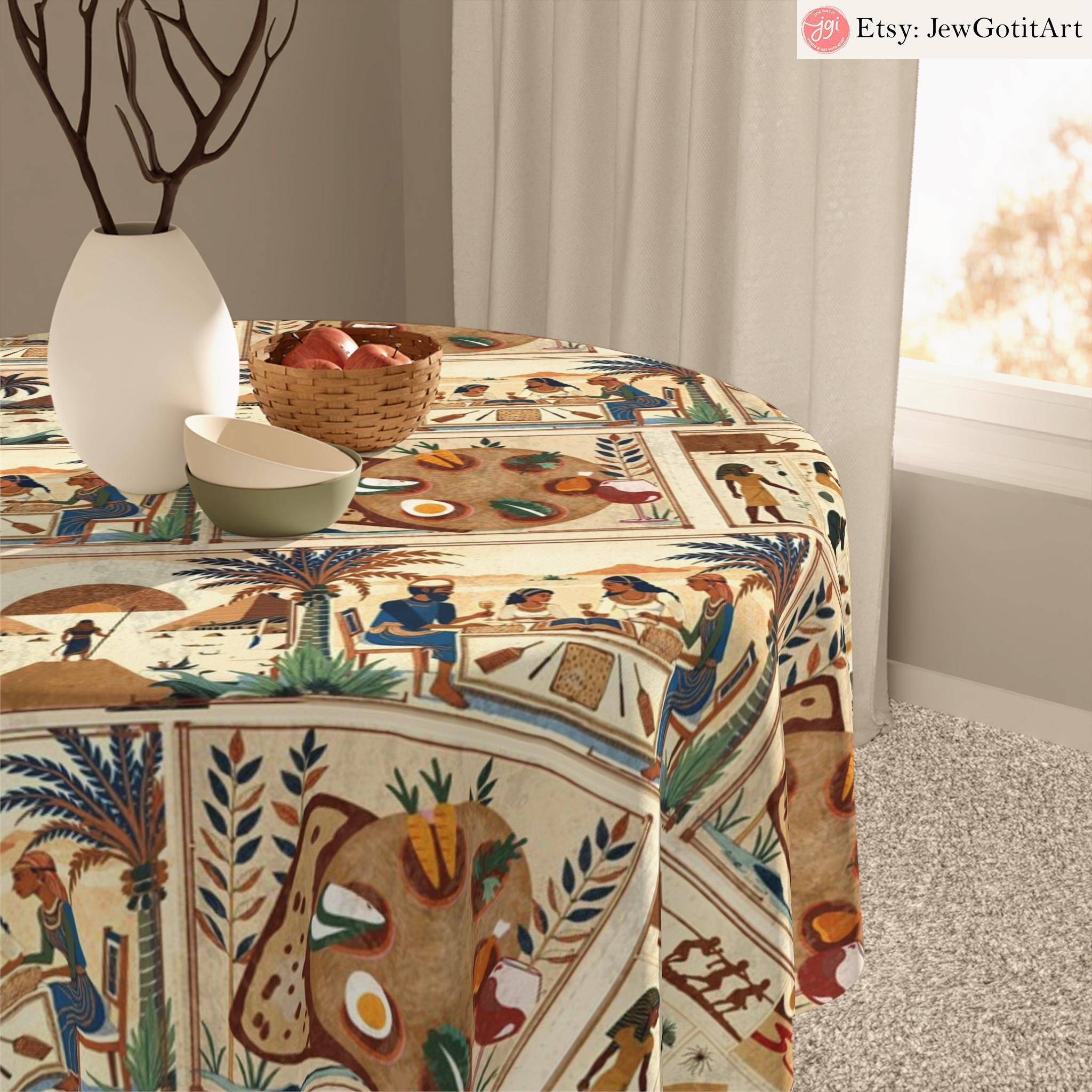 Passover Story Table Runner Egyptian Hieroglyphs Matzah Cover Afikomen Set Seder Table Decor with Ancient Egyptian Art Pesach Gifts Towel