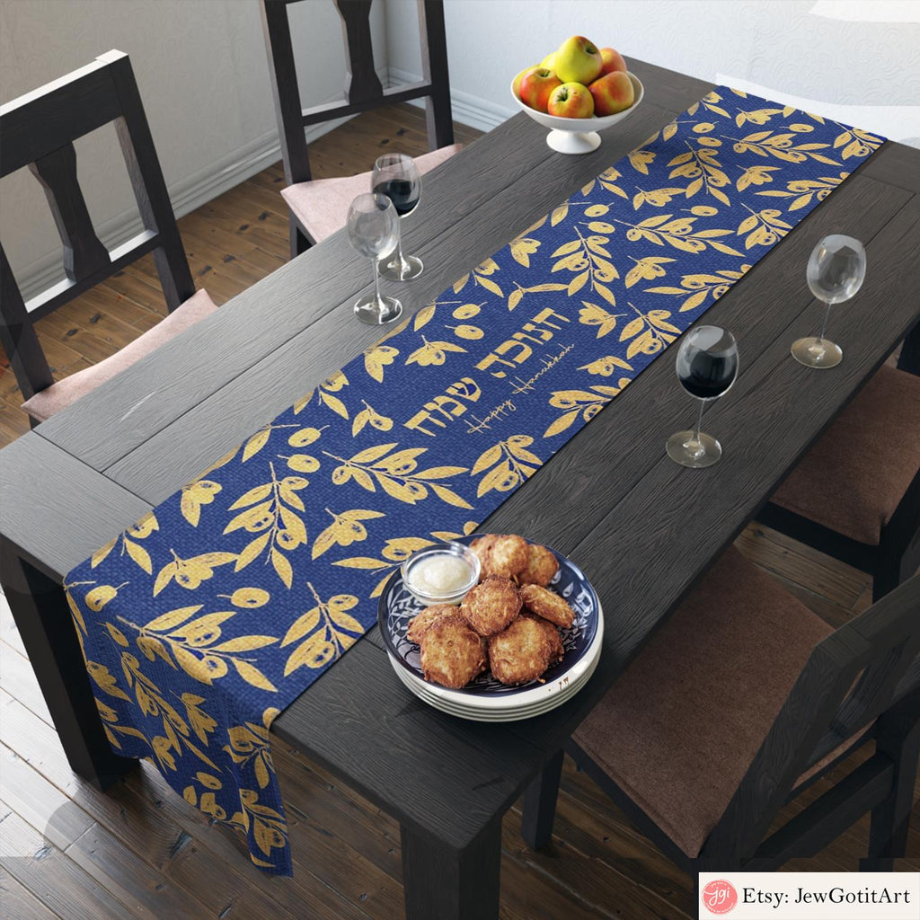 Hanukkah Table Runner, Olives Olive oil Jewish gifts Jewish holiday Israel Am Yisrael Chai jewish art table decor, custom personalized gift