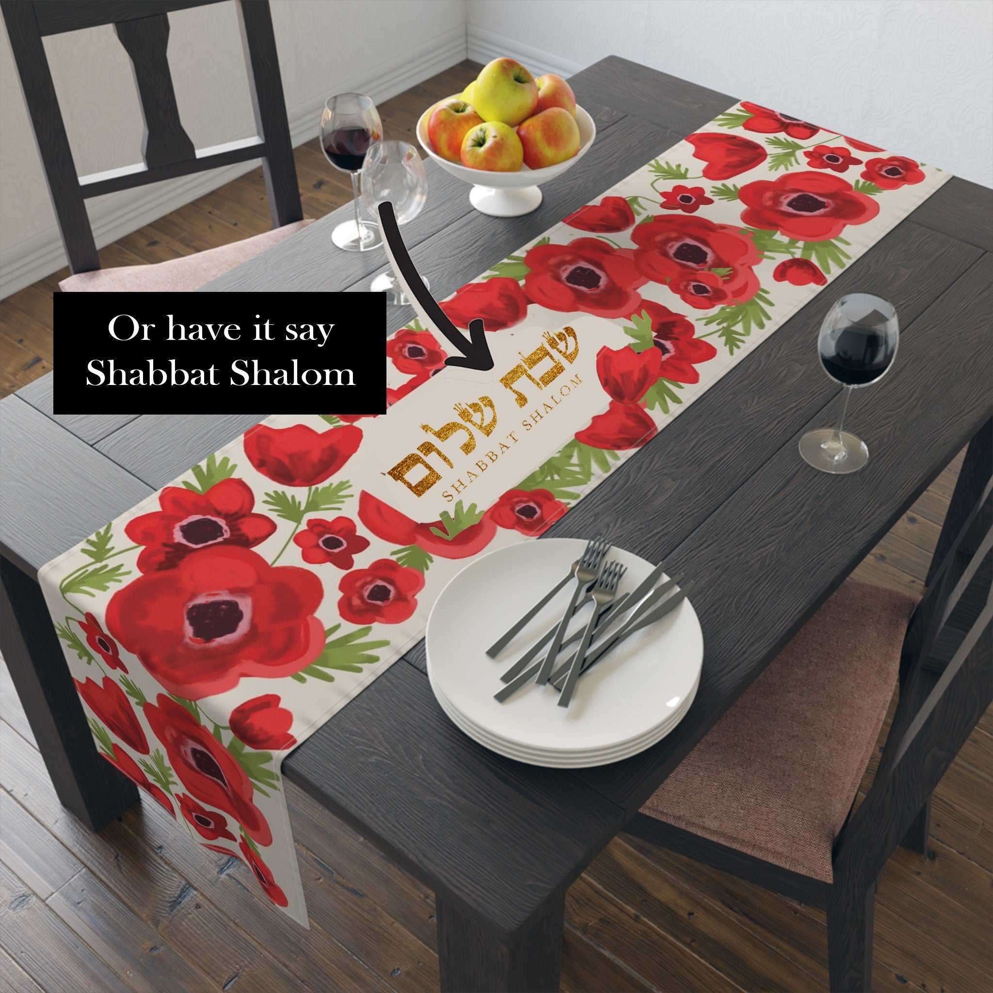 Personalized Passover Kalanit Table Runner Jewish Art Israel Gift Red Poppy Seder Flower Decoration Customized Pesach Decor Israeli Artist