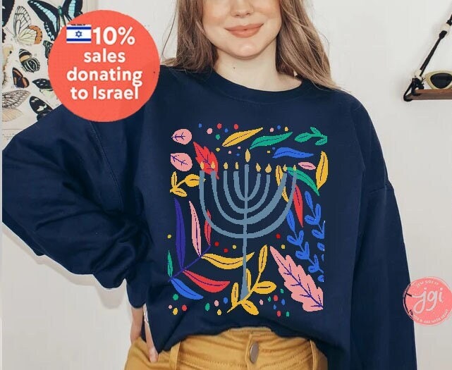 Hanukkah Flower Menorah Sweater Holiday Sweatshirt Stand with Israel Hanukkah hanukkah gifts Jewish gift Israel art chanukah woman gift idea