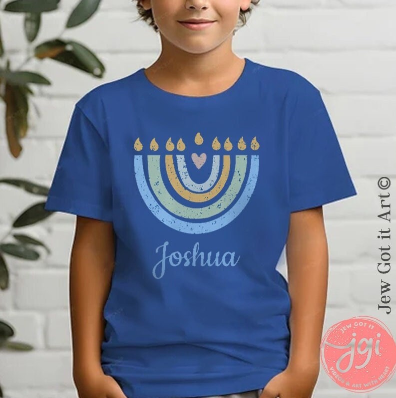 Personalized Hanukkah Shirt with Menorah, add name, custom gift, tshirt, shirt Kids Heavy Cotton Tee, hanukkah gifts, shirt designs, israel