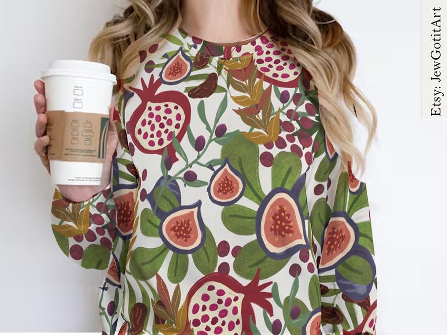 7 Species of Israel T-Shirt or Sweatshirt Am Yisrael Chai Graphic AOP Jewish Holiday Gift Israeli Artist Design Fruit Shirt Jewish Holiday