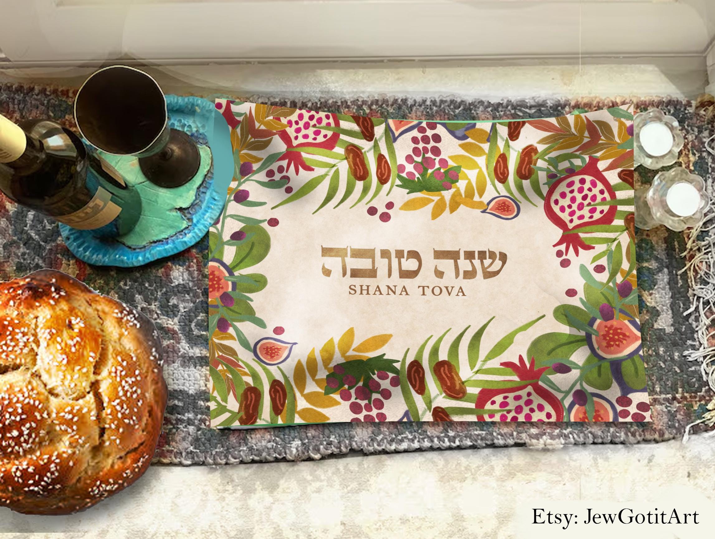 Personalized Challah Cover Shana Tova 7 Species Israel Table Runner Jewish Art Israel Gift Decoration Customized Holiday Decor Jewish gifts
