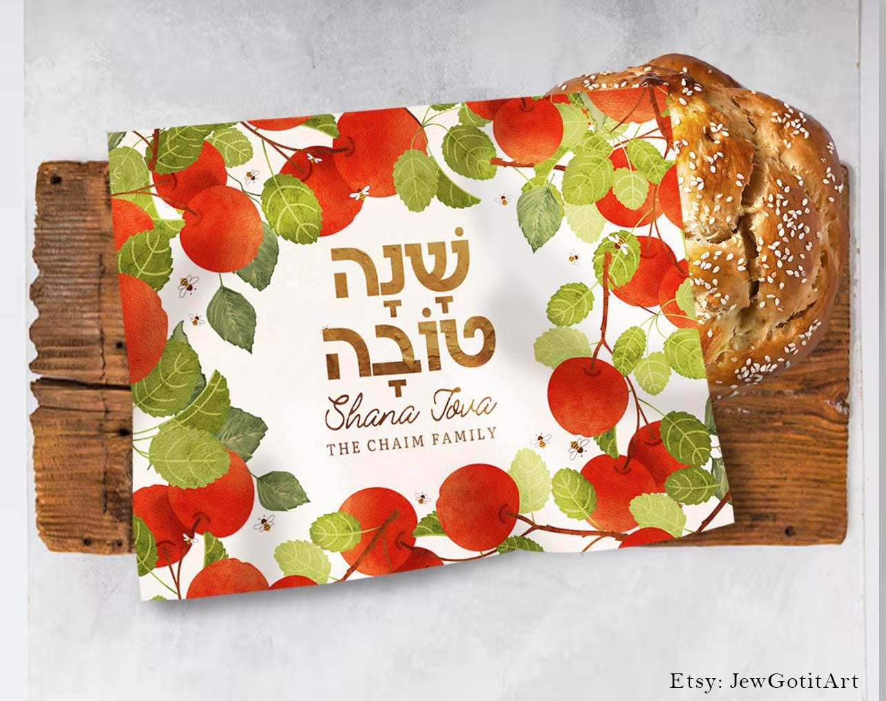 Personalized Rosh Hashanah Challah Cover Apple Honey Bee Israel Art Rosh Hashana Jewish Holiday Israeli Artist Table Decor Bread covering