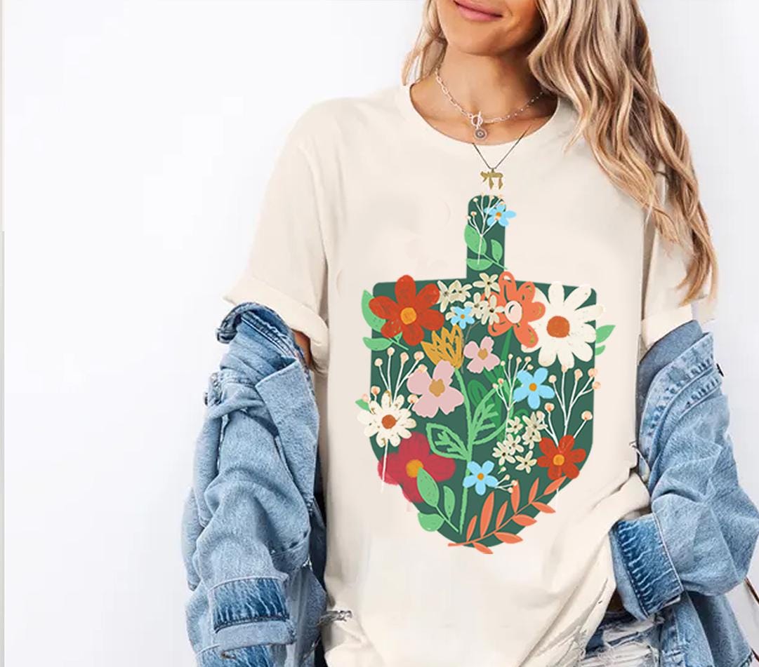 Hanukkah Dreidel Sweater Tshirt unisex Flowers Art sweatshirt woman jewish gift Israel Jewish Shirt Chanukah Israeli Artist Holiday Dreidels