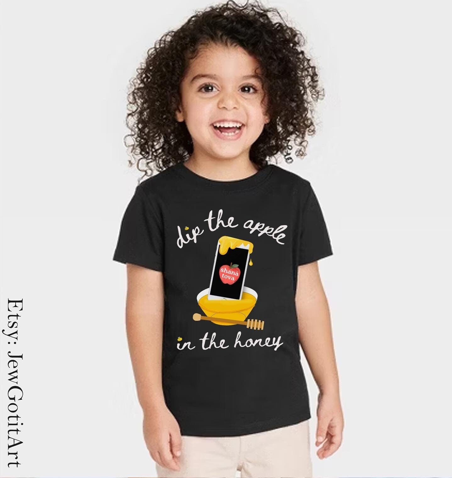 Dip Apple phone in Honey Shana Tova Kid Shirt Rosh Hashanah Sweatshirt onesie tshirt gift Jewish New Year kid, customized personalized gifts
