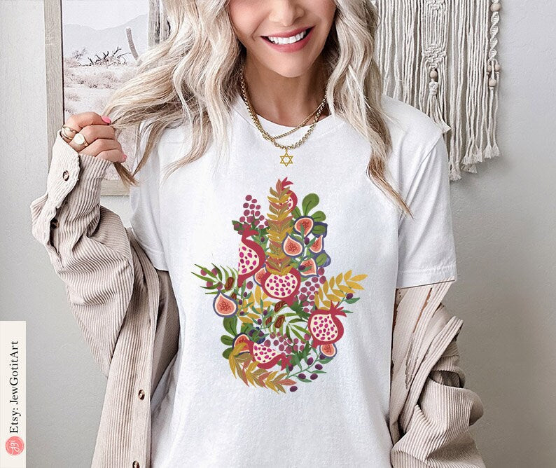 Hamsa Israel Fruits & Produce of Israel 7 species Israel fruit shirt woman shirt jewish gifts Israeli Artist Gift for her shirt Jewish Art